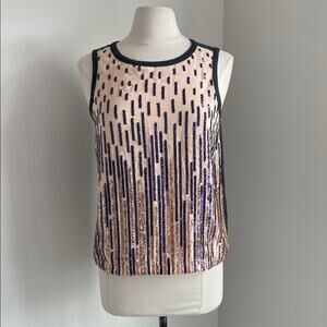 ANTHROPOLOGIE Tiny Sequin Front Tank Womens Sz Small Cream Blue Gold New Tags
